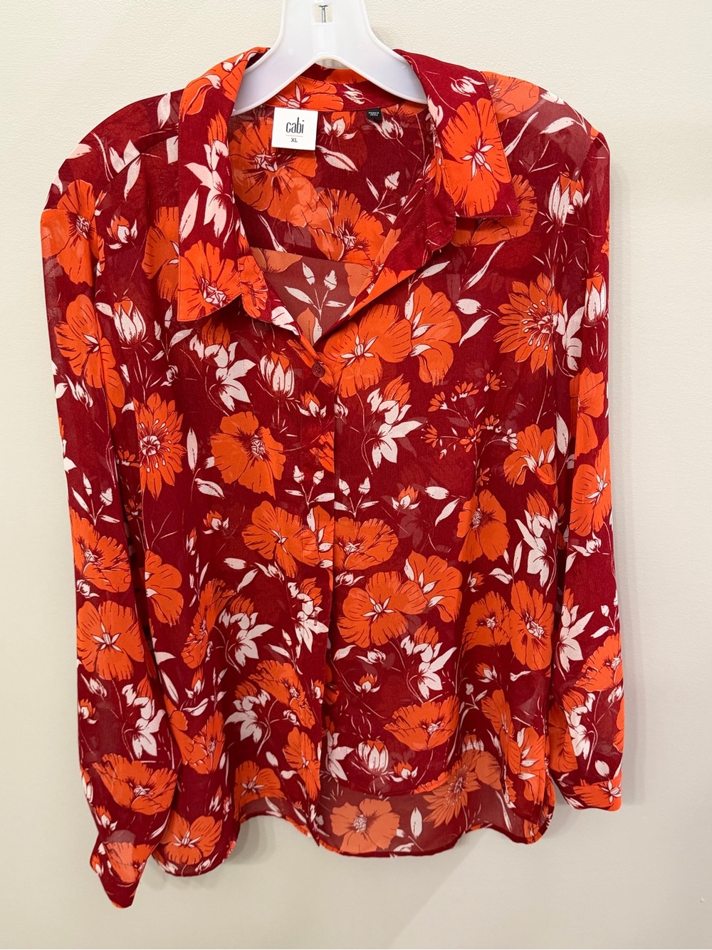 CAbi Orange Floral Button-Down Shirt on Red Ground